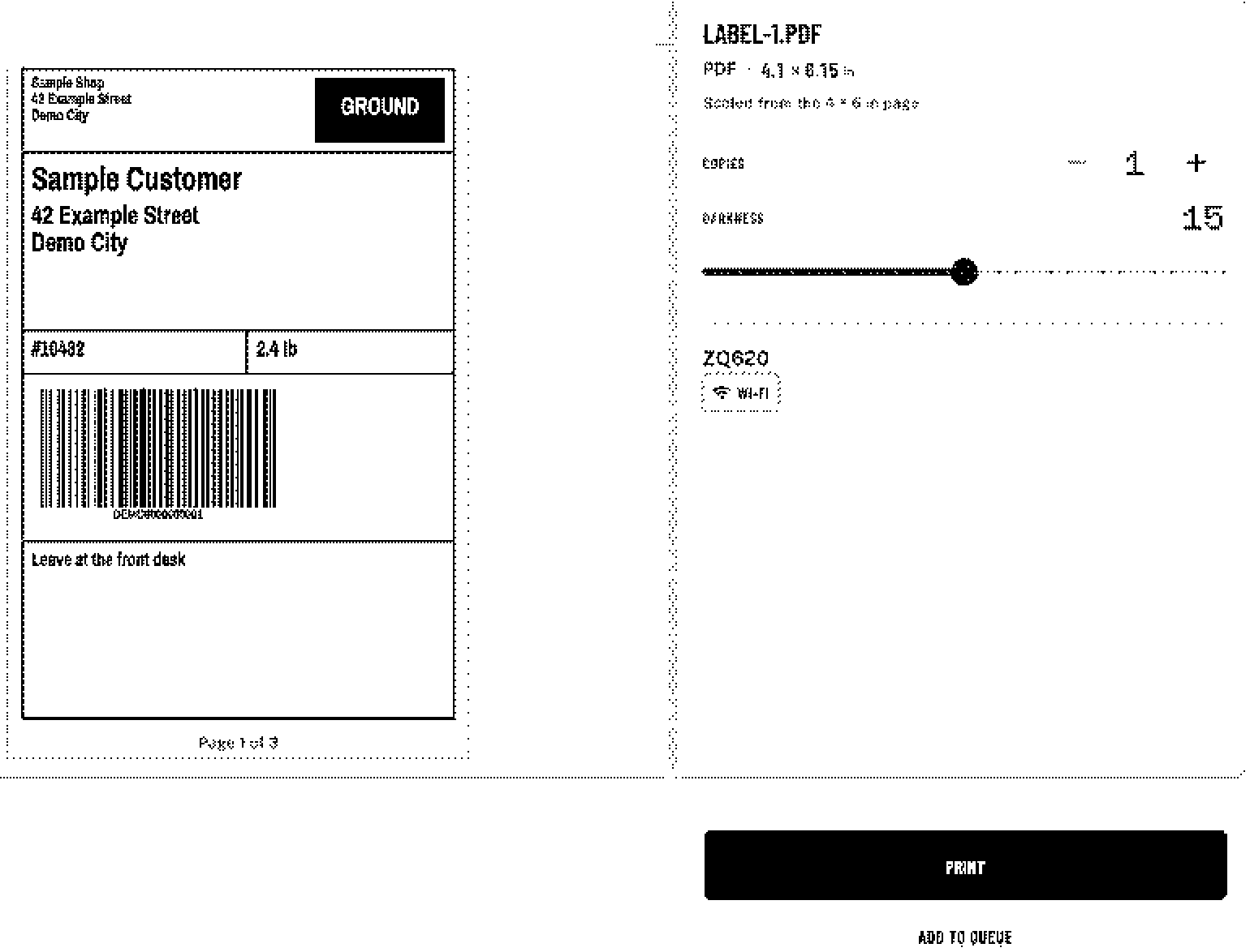 zPrint printing a PDF: the shipping label preview, copies, darkness and a ZQ620 on Wi-Fi, with Print and Add to queue