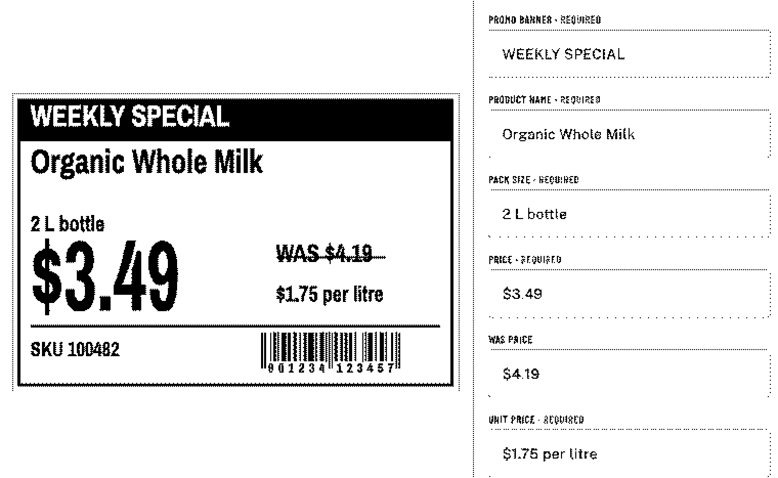 zPrint fill screen for the shelf price tag template: the label preview beside its first required fields