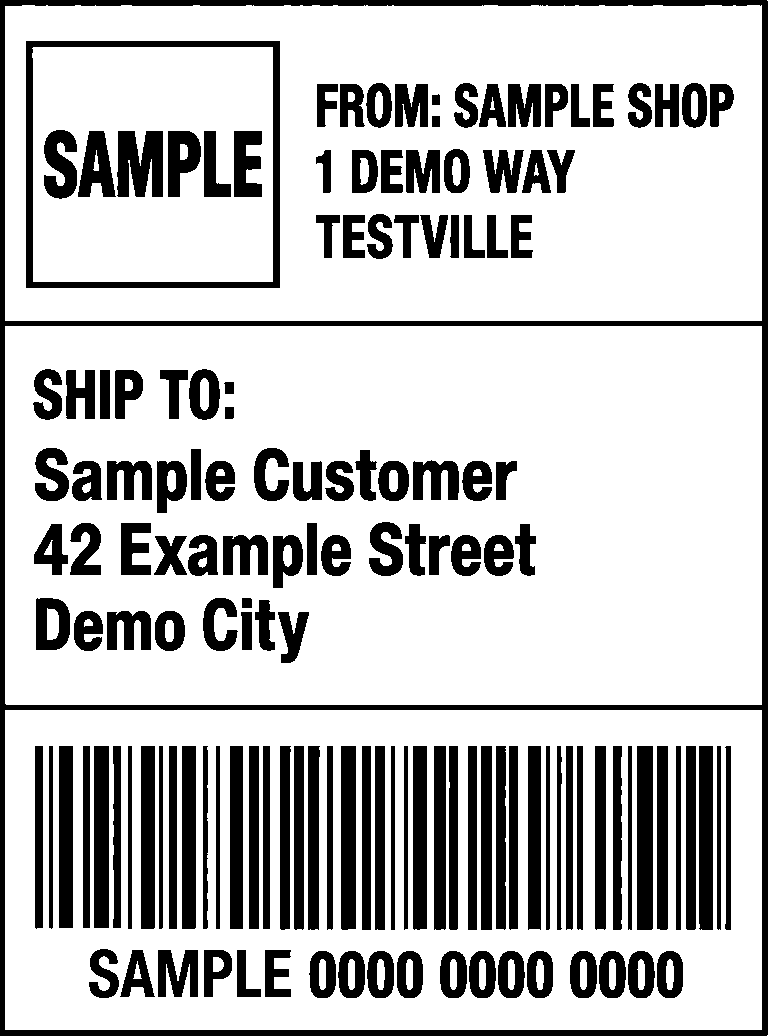 Sample shipping label with a synthetic address and barcode, printed from a carrier PDF