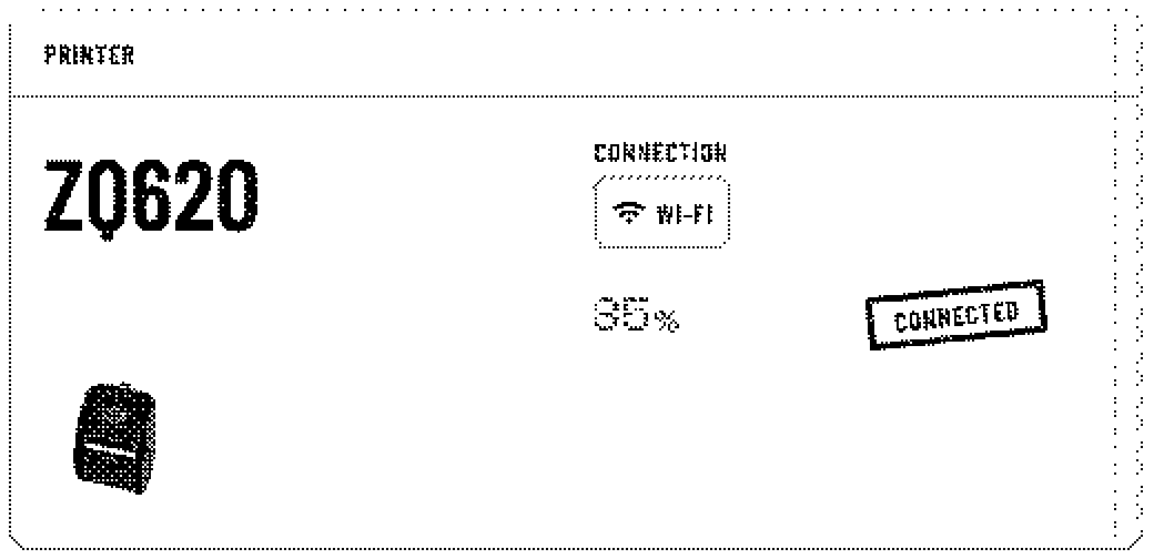 The printer card: a ZQ620 connected over Wi-Fi at 85 percent battery